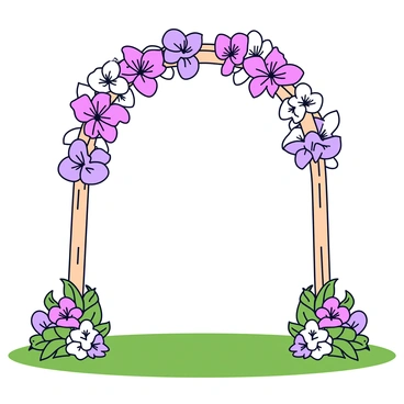 A wedding arch made of light wooden materials, featuring a symmetrical design. The arch is beautifully adorned with cascading gladiolus flowers in various shades of pink, white, and purple. The flowers hang gracefully from the top of the arch, creating a vibrant display. The base of the arch is decorated with lush green leaves and smaller florals, enhancing the overall appearance. The arch stands on a grassy outdoor setting, with soft sunlight illuminating the scene.