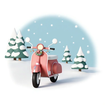 A snow scooter decorated with festive holiday decorations on a winter path