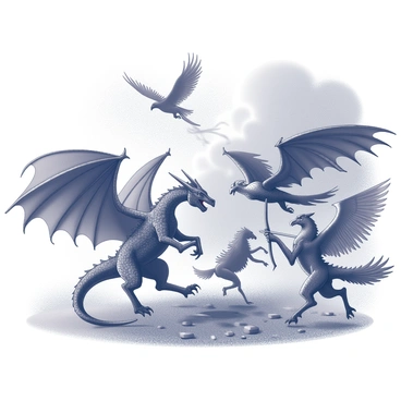 A frontispiece featuring a dramatic battle scene between mythical creatures. In the foreground, a towering dragon with its wings spread wide is engaged in combat with a fierce griffin, its sharp talons extended. The dragon's scales appear textured and jagged, while the griffin showcases its powerful build and majestic feathers. Above them, a phoenix is soaring, leaving a trail of flames in its wake, and a centaur stands poised with a bow drawn, ready to shoot. In the background, a dark, stormy sky looms, adding tension to the scene. The ground is scattered with debris from the battle, and the expressions of the creatures are intense and focused as they clash.