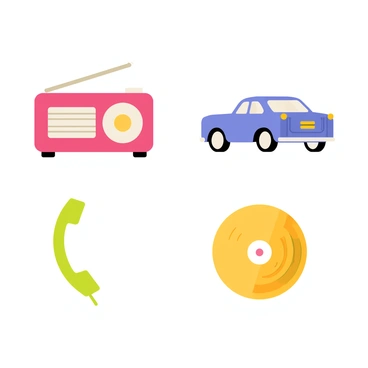 A collection of vector icons showcasing a retro design theme. The icons include a classic red radio with a silver antenna, a vintage blue car with white wall tires, a green rotary phone, and a yellow vinyl record. Each icon is detailed with bold lines, vibrant colors, and distinct features that highlight their retro charm. The arrangement of the icons is balanced, making them visually appealing and easy to recognize.