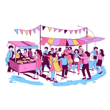 A vibrant festival is taking place on a flat Earth, with groups of people of different ages joyfully dancing together. In the foreground, there are several food stalls, each decorated with banners and serving a variety of delicious foods. The stalls are bustling with activity, as people line up to sample treats. Colorful flags are strung up overhead, fluttering in the breeze, adding to the lively atmosphere. The ground is covered with a mix of grass and dirt, reflecting the cheerfulness of the event.