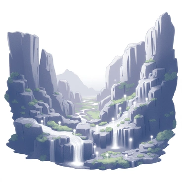 A valley surrounded by towering cliffs. The landscape features multiple waterfalls cascading down the rocky faces, creating a misty spray at their bases. Scattered throughout the valley are numerous floating lights, illuminating the surroundings with soft glows. The ground is dotted with lush greenery, accentuating the vibrant natural elements in the scene. In the distance, the cliffs rise sharply against the horizon, framing the enchanting view.