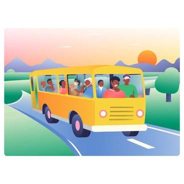 A bus with a vibrant yellow exterior is carrying a group of Freedom Riders, depicted as diverse individuals of different ages and ethnicities seated inside. The bus is traveling along a long, winding road that stretches toward the horizon. The sky is filled with shades of orange, pink, and purple as the sun sets, casting a warm glow over the scene. The landscape on either side of the road is dotted with green trees and fields. In the background, silhouettes of distant mountains can be seen against the sunset. A sense of movement is captured as the bus is in motion, heading toward the glowing horizon.