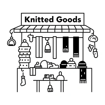 A market stall is filled with a variety of knitted scarves and hats. The scarves are arranged neatly, showcasing intricate patterns and textures, while the hats are stacked in different sizes and styles. The stall is made of wood, with a simple sign overhead that reads "Knitted Goods" in large letters. The scene includes a wooden table underneath, with some items hanging from hooks on the sides of the stall. Various knitted items, such as mittens and headbands, are also scattered around, creating a cozy and inviting atmosphere.