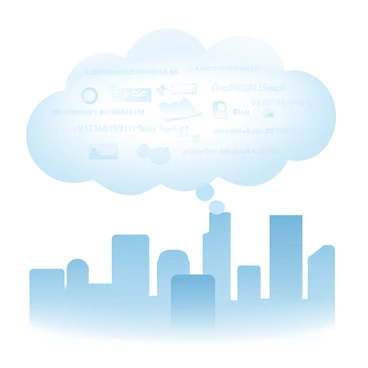 A city skyline with tall buildings and a mix of residential and commercial structures can be seen in the foreground. Above the city, there is a large cloud composed of various digital data symbols, such as binary code, graphs, and icons, all representing pollution. The colors of the cloud are gradient pastel shades, blending into one another. The city below is bathed in soft light, giving it a slightly hazy appearance due to the presence of the cloud.