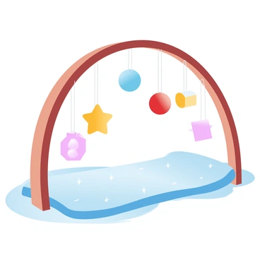 A baby gym features a curved arch made of sturdy wood. Dangling toys in primary colors—red, blue, and yellow—hang from the arch, enticing a playful atmosphere. A soft, cushioned mat lies beneath the arch, adorned with various geometric shapes that complement the vibrant colors. The toys include a plush ball, a rattling star, and a crinkly square, all inviting interaction. The entire setup is arranged in a well-lit room, emphasizing the cheerful and engaging design.