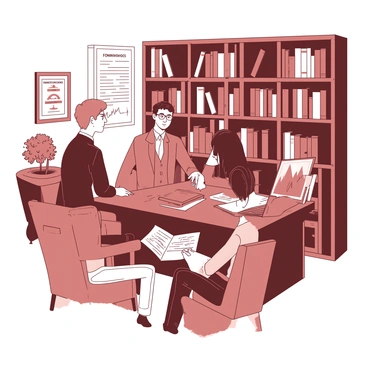 An economist with glasses and a neat suit is seated at a wooden desk in a cozy office filled with bookshelves. The office has soft lighting that creates a warm atmosphere. In front of the economist, a young couple is attentively listening, the woman has long brown hair and the man has short dark hair. The desk is cluttered with financial reports and a laptop displaying investment charts. On a nearby wall, a framed certificate hangs, indicating the economist's qualifications. A comfortable armchair in the corner invites relaxation, and a small potted plant adds a touch of greenery to the scene.
