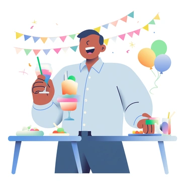 A businessman with short black hair and a light blue dress shirt is standing at an office party. He is laughing heartily while holding a glass filled with a colorful cocktail in his right hand. His left hand is gesturing animatedly as he engages with a small group of colleagues. The background features a festive decoration with streamers and balloons in various shades, and a table with an assortment of drinks and snacks is set nearby. The businessman has a joyful expression, showcasing his enjoyment of the celebration.