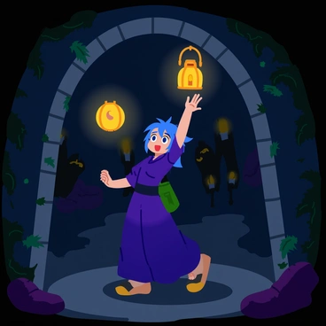 An anime character with spiky blue hair and large, expressive eyes is cautiously exploring a dark, haunted castle. The character is wearing a long, flowing cloak that billows slightly as they move. The castle features stone walls covered in creeping vines and cobwebs, with flickering candles illuminating the eerie surroundings. Shadows loom ominously in the corners of the room, and ghostly silhouettes seem to drift in the background. The character holds a glowing lantern high, casting a warm light that contrasts with the cold darkness around them.