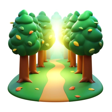 A tranquil forest path with a winding trail. The path is flanked by tall, green trees with thick trunks. Soft sunlight filters through the leaves, creating dappled light on the ground. The leaves are various shades of green, and some have hints of yellow and orange. The forest floor is covered in a mix of soft moss and scattered fallen leaves.