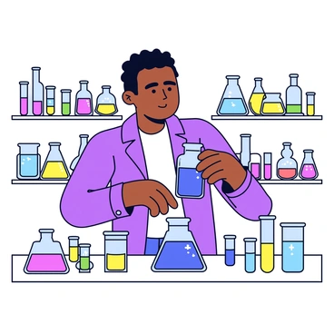 Terry Crews is standing in a laboratory filled with various colorful beakers and test tubes containing bright liquids. He is closely examining a cylindrical glass beaker filled with a vibrant blue solution. His expression is focused and curious, showcasing his interest in the experiment. The laboratory has a white countertop cluttered with additional glassware, and there are shelves in the background lined with more beakers filled with different colored chemicals like red, green, and yellow.