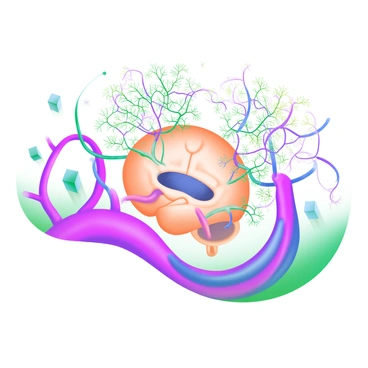 An illustration of neurons and blood vessels in the brain, focusing on a bulging aneurysm