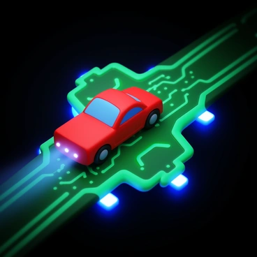A tiny car with a sleek design in bright red color is zooming across a glowing green computer circuit board track. The circuit board features intricate patterns of metallic traces and microchips. Soft blue lights illuminate the edges of the track, creating a vibrant contrast with the deep black background. The car leaves a trail of light behind it as it speeds along the circuit board.