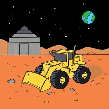 A bright yellow bulldozer is operating on the reddish, rocky surface of Mars. The bulldozer has large, rugged wheels and a prominent front blade that is digging into the Martian soil. In the background, a partially constructed base with gray walls and a domed roof is taking shape against the landscape. The sky above is a deep space black with Earth visible as a small blue and green planet, shining brightly. A few distant stars can be seen twinkling around Earth, adding to the cosmic atmosphere. Dust is kicked up around the bulldozer as it works, catching the light from the distant sun.