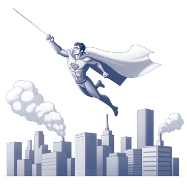 A superhero with a muscular physique is in an action pose, soaring through the air above a city skyline. The superhero is wearing a bright costume with a cape fluttering behind. Below, there are thick clouds of CO2 pollution billowing from smokestacks and vehicles. The city features a variety of buildings with different architectural styles, and some have green spaces. The superhero is extending one arm forward, directing a beam of energy towards the pollution clouds, while the other arm is flexed in a victorious stance. The sky is filled with swirling pollution, contrasting with the superhero's determined expression.