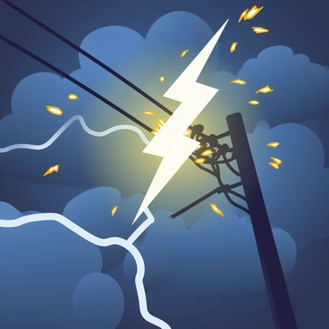 A close-up view of a bright and jagged lightning bolt is striking a thick power line, causing vibrant sparks to scatter in various directions. The lightning is a brilliant white-yellow, illuminating the surroundings momentarily. The power line is dark and sturdy, with several wires visible, and the background is a deep blue sky filled with dark storm clouds. The sparks are small and fiery, creating a dynamic visual contrast against the darkness of the clouds.