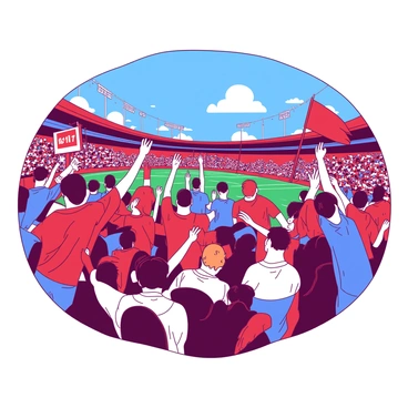 A crowd of enthusiastic fans is standing in a vibrant sports stadium, all wearing colorful team jerseys. Some fans are jumping in excitement, while others are waving large foam fingers and holding banners. In the center of the scene, a group of fans is leaning forward in their seats, eyes wide as they focus intently on the field. The energy is palpable, with a mix of red and blue colors dominating the scene, creating a lively atmosphere. Above the crowd, bright stadium lights shine down, illuminating the intense expressions of the fans as they cheer for their team.