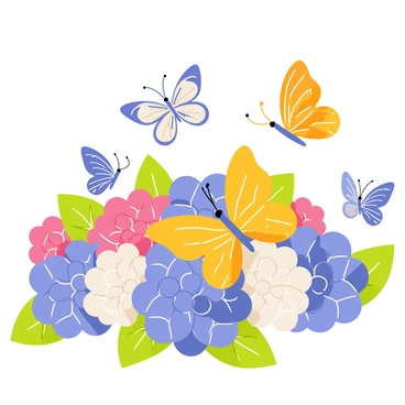 A collection of butterflies of various colors flitting around a patch of hydrangeas