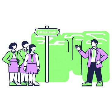 A leader is standing confidently at the entrance of a maze, directing a team that is gathered around. The leader is wearing a formal outfit and has a determined expression. The team members are diverse, including individuals of different genders and ethnicities, all looking attentive and engaged. In the background, the maze is composed of high hedges, with winding paths visible. Prominently placed within the scene is a signpost labeled "Ethical Path," which is pointing towards one of the maze's routes. The atmosphere reflects a sense of purpose as the team prepares to navigate the maze together.