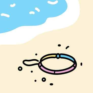 A colorful friendship bracelet, made of woven threads in pink, blue, and yellow, lays on the light beige sand of a tranquil sea shore. Small grains of sand glisten under the soft sunlight. In the background, gentle waves approach the shore, rolling in rhythmically and leaving a soft foam as they touch the sand. The bracelet is slightly adorned with small beads that catch the light, contrasting with the natural surroundings.