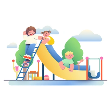 A group of three children is playing on a parabolic-shaped slide in a sunny playground. One child, with curly brown hair, is climbing up the ladder with excitement. Another child, a girl with pigtails and wearing a bright yellow dress, is sitting at the top of the slide, ready to go down. The third child, a boy with short blond hair, is sliding down with a big smile on his face. In the background, there are green trees and a blue sky with a few fluffy white clouds. Colorful playground equipment, like swings and a sandbox, is visible nearby. Sunlight casts playful shadows on the ground.