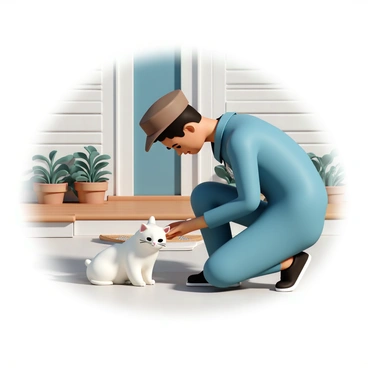 A postman, wearing a blue uniform and a brown postal cap, is kneeling down on the wooden front porch to pet a fluffy white cat. The cat is sitting comfortably, looking content with its eyes partially closed, while its tail is curled around its body. The porch is decorated with potted plants and a welcome mat, and the house in the background has a light blue exterior and white trim. Sunlight casts soft shadows on the porch, creating a warm and inviting atmosphere.