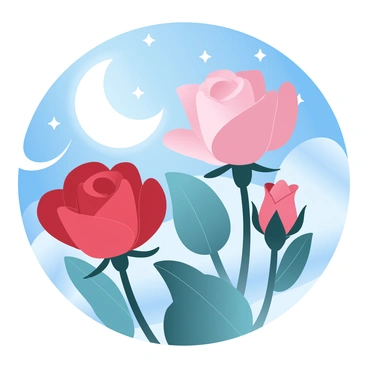 Roses are blooming in a garden under a starlit sky. The flowers are illuminated by soft moonlight, highlighting their delicate petals. The background features a deep blue sky filled with twinkling stars. Each rose has varying shades of red and pink, creating a vibrant contrast against the night. The scene captures the tranquility of night, with gentle shadows cast by the moon's glow.