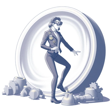 A person wearing elaborate steampunk attire is stepping through a glowing time portal. The outfit includes a fitted leather jacket adorned with brass gears and mechanical accents, along with high-collared shirts and goggles resting on the forehead. The figure has a confident stance, with one foot forward as they transition through the shimmering portal. The portal itself has a swirling, ethereal glow, creating a dynamic contrast against the background, emphasizing the movement and the passage through time. The surrounding area features various steampunk elements, such as cogs and pipes, adding to the setting’s mechanical vibe.