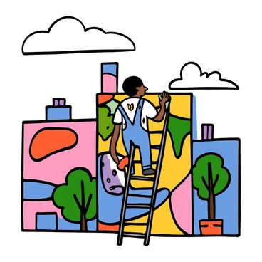 An artist with light skin and short black hair is standing on a scaffold, focused on painting a large mural on a building wall in Brooklyn. The artist is wearing a white t-shirt splattered with paint and denim overalls. The mural features bright colors and abstract shapes, showcasing the artist's creativity. The building is surrounded by other urban structures, and there are a few trees nearby. The sky is clear with a few clouds, adding to the vibrant atmosphere of the scene.