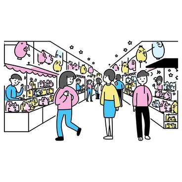 A vibrant Chinese market scene filled with numerous stalls. Each stall displays a variety of "lucky cat" trinkets, showcasing different colors and designs. People are walking past, examining the items and engaging in conversations. Some lucky cats are ceramic, while others are plush, all with their signature raised paw. Brightly colored lanterns hang overhead, enhancing the lively atmosphere. The market is abuzz with activity, reflecting the culture and energy of the environment.