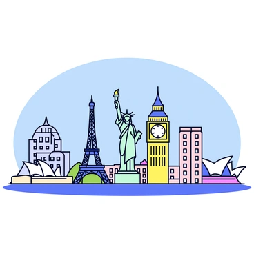 A city skyline with various famous landmarks illustrated prominently. The skyline includes the "Eiffel Tower" with its iconic iron lattice structure. Nearby, the "Statue of Liberty" stands tall, holding a torch in her right hand. In the background, the "Big Ben" clock tower is depicted with its distinctive clock face and detailed architecture. The "Sydney Opera House" is illustrated with its unique sail-like roof design. The buildings are set against a clear blue sky, providing a vibrant backdrop to the scene.