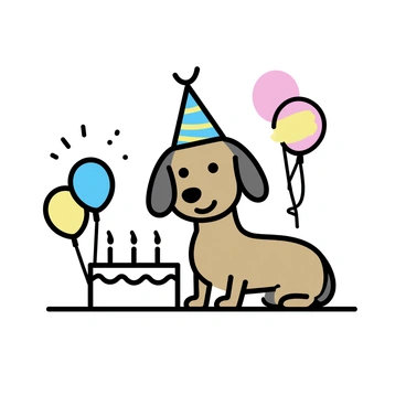 A dachshund with a long body and short legs is wearing a colorful party hat. The dog is sitting on a table adorned with a variety of balloons of different colors floating around it. In front of the dachshund, there is a round birthday cake decorated with icing and candles, ready to be celebrated.