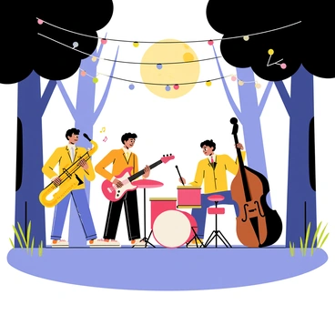 A group of four musicians performing together under a bright full moon. One musician is playing a shiny saxophone, while another is strumming an electric guitar with colorful music notes floating around. A drummer is sitting behind a drum set, and a bassist is playing a double bass. The scene is set in an open area surrounded by tall, dark trees that cast shadows on the ground. Soft grass covers the floor, and small lights are strung in the branches above, adding a warm glow to the atmosphere.