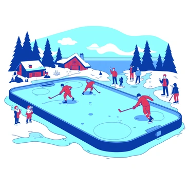 A blue ice hockey rink is set up on a frozen Canadian lake under a clear sky. Players wearing red jerseys are energetically skating across the ice, sticks in hand, while the puck glides swiftly along the surface. Spectators, bundled up in warm clothing, are gathered along the edge of the lake, some cheering and others taking photos. In the background, snow-covered pine trees frame the scene, and a cozy wooden cabin is visible, hinting at warmth and comfort nearby. The scene captures the excitement and energy of the game amidst a tranquil winter landscape.
