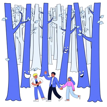 A dense forest filled with tall, slender trees. Each tree has a distinct, expressive face etched into its trunk, showcasing various emotions such as joy, surprise, and wisdom. The trees appear to be animated as they interact with passerby figures, who look intrigued and engaged. Sunlight filters through the leaves, casting playful shadows on the forest floor. The atmosphere feels alive with a sense of storytelling and connection.