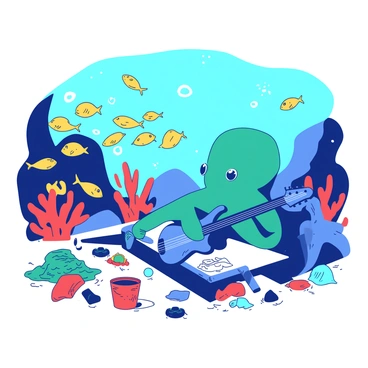 An underwater scene depicts a vibrant concert attended by various sea creatures. A large teal octopus plays a blue guitar, while a school of yellow fish swirls around, creating a lively atmosphere. Colorful plastic waste floats in the water, surrounding the performers, with pieces of red and orange materials contrasting against the natural underwater hues. Bright coral formations are visible in the background, adding depth to the environment. The sea creatures interact joyfully, promoting a message of harmony despite the plastic waste around them.