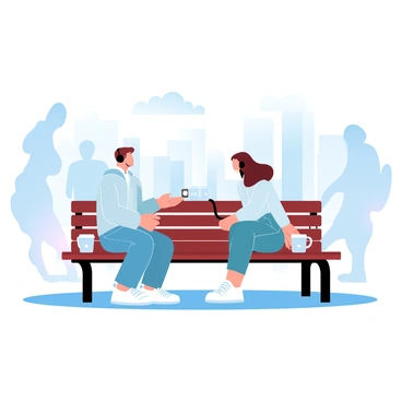 Two figures are sitting apart on a wooden bench in a busy city park. One figure is a man wearing a light-colored jacket and jeans, while the other figure is a woman dressed in a casual sweater and leggings. They are both wearing headphones connected to a single device resting on the bench between them. The background features blurred silhouettes of people walking by, with tall buildings and trees framing the scene. A couple of coffee cups are placed on the bench beside them.