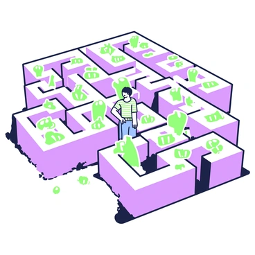 A complex maze is filled with various sizes of dollar signs arranged as walls and pathways. In the center of the maze, a person is navigating through the intricate design. The person has short hair and is wearing a striped shirt and jeans. They are looking around, appearing focused and determined, as they stand at a junction within the maze. The dollar signs are tall and wide, casting shadows on the ground, creating a sense of depth within the maze structure. The overall scene conveys the challenge of finding a way out among the overwhelming symbols of currency.