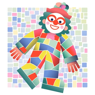A mosaic art piece features an arlequin figure composed of colorful tiles in various shapes and sizes. The arlequin has a playful expression, with a mask that highlights its vibrant patterns. The tiles include shades of red, blue, green, and yellow, arranged meticulously to create a dynamic and lively appearance. The background of the mosaic is a blend of soft pastel colors that enhance the figure's brightness. The overall composition showcases intricate details in the tile arrangement, emphasizing the craftsmanship of the mosaic art.
