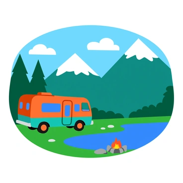 A camper van parked by a lake with campfire and mountain backdrop