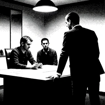 A tense interrogation room is dimly lit, featuring a sturdy wooden table at the center. A detective with short hair is standing to the right, leaning slightly forward with a focused expression. He is wearing a dark suit, and his hands are resting on the table in front of him. Opposite him sits a suspect, a man with unkempt hair and a concerned look on his face. The suspect's hands are clasped tightly on the table. The walls of the room are bare, and there is a single overhead light casting stark shadows, enhancing the atmosphere of tension. A large mirror can be seen on one wall, suggesting surveillance.