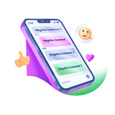 A smartphone positioned upright on a simple surface, showing a social media app interface. The screen displays the words "Negative Comment 1," "Negative Comment 2," and "Negative Comment 3" in a bold, dark font. Each comment is highlighted with a subtle background color for clear visibility. The smartphone is surrounded by small, illustrative icons such as a thumbs down, a sad face emoji, and a speech bubble, emphasizing the negative feedback theme.