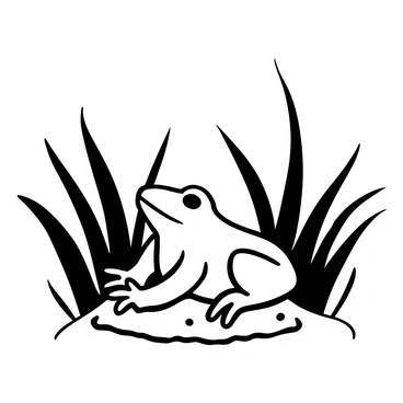 A frog resting among tall grass, with its body partially hidden by the surrounding blades. The grass sways gently, creating a natural frame around the frog. The pattern of the grass and the texture of the ground are clearly defined, adding depth to the scene. The frog's skin has a varied texture that contrasts with the smoothness of the grass.