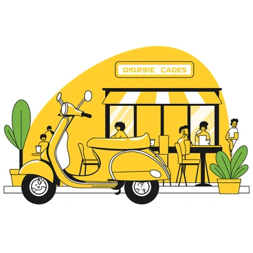 A retro scooter with a sleek design is parked beside a street café. The scooter features a rounded body and a prominent front lamp. It has a yellow seat and chrome accents, giving it a classic look. The café has several small tables with chairs arranged outside. Each table has a small umbrella, and a few patrons are sitting, enjoying their drinks. Green plants are placed around the café, adding to the lively atmosphere of the street.