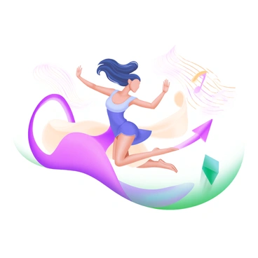 A dancer in motion is depicted gracefully leaping, wearing a flowing fabric costume that cascades around her. Her hair is lifted with the movement, adding to the sense of dynamism. Surrounding her are stylized sound waves represented with soft curves and lines in pastel colors, visually echoing her movements. The waves pulse outward, creating a rhythmic pattern that complements the dancer's pose. The background remains simple, allowing the focus to remain on the dancer and the vibrant waves of music.