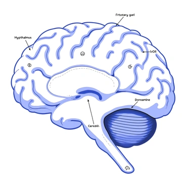 A brain is depicted in an intricate illustration, showing various regions such as the hypothalamus, pituitary gland, and cerebral cortex. Lines representing hormonal pathways weave through the different areas, indicating interactions between hormones like cortisol, serotonin, and dopamine. Each region is labeled with its respective name, and arrows indicate the direction of hormone flow. Small icons or symbols are placed near each hormone to illustrate their functions, such as stress response or mood regulation. The overall composition highlights the complexity of hormonal interactions within the brain.