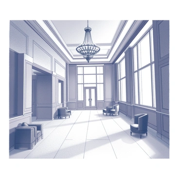 A spacious lobby featuring an elegant art deco design. The ceiling is adorned with a large, intricate chandelier that hangs majestically above. The floors are polished marble, reflecting the light from the chandelier. The walls exhibit geometric patterns and decorative motifs characteristic of the art deco style. There are plush seating areas with ornate furniture, inviting guests to relax. Tall windows allow natural light to flood in, enhancing the opulent atmosphere.