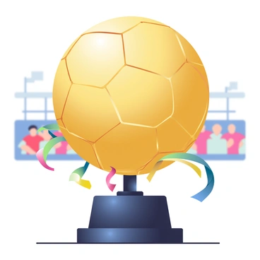 A soccer ball is transformed into a glistening golden trophy. The spherical shape of the ball is preserved, but it is now covered in a shiny gold finish that reflects light. The seams of the ball are intricately detailed and accentuated by the metallic sheen. The trophy is mounted on a sleek black pedestal, which enhances the brilliance of the golden surface. Surrounding the trophy are small ribbons in vibrant colors, adding a celebratory touch to the scene. In the background, a blurred stadium setting is suggested, with faint silhouettes of cheering fans.