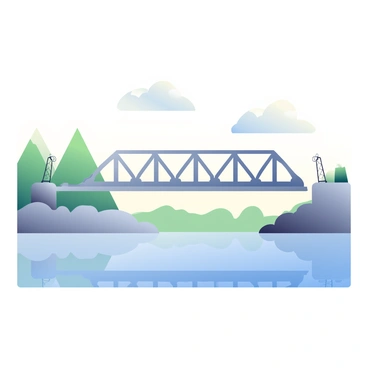 A half-constructed bridge made of gray steel beams stretches across the frame, abruptly ending above calm water. The structure features exposed metal supports and incomplete sections, highlighting the unfinished aspect. The water below is a reflective blue, with gentle ripples reflecting the surrounding scenery. In the background, green trees line the shore, and the sky above is clear with a few fluffy white clouds, enhancing the tranquil atmosphere of the scene.