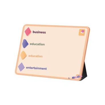 A digital flat illustration depicting a large, upright rectangular board. The board is divided into multiple sections, each containing a distinct arrow pointing toward different usage options. Each arrow is brightly colored, such as red, blue, and yellow, and does not overlap with others. The options are labeled with clear, bold text in quotation marks, such as "business," "education," and "entertainment." The background is a light beige color to enhance the visibility of the arrows and text. A small icon of a pencil and a paintbrush is placed in one corner of the board, illustrating the theme of creativity and illustration.